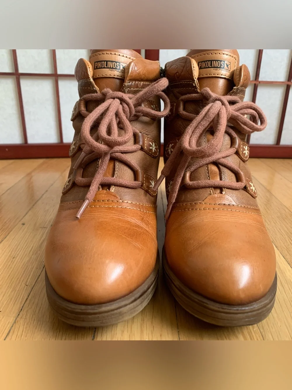 EUC PIKOLINO LYON Carmel/Brown Leather Lace-Up Side-Zip Ankle Boots Size 38/7.5